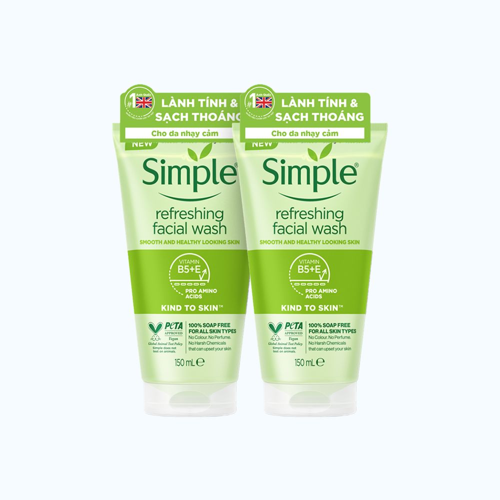 Combo Sữa Rửa Mặt SIMPLE Refreshing Facial Wash 100% Soap Free Giúp Làm Sạch Da (2 tuýp x 150ml)