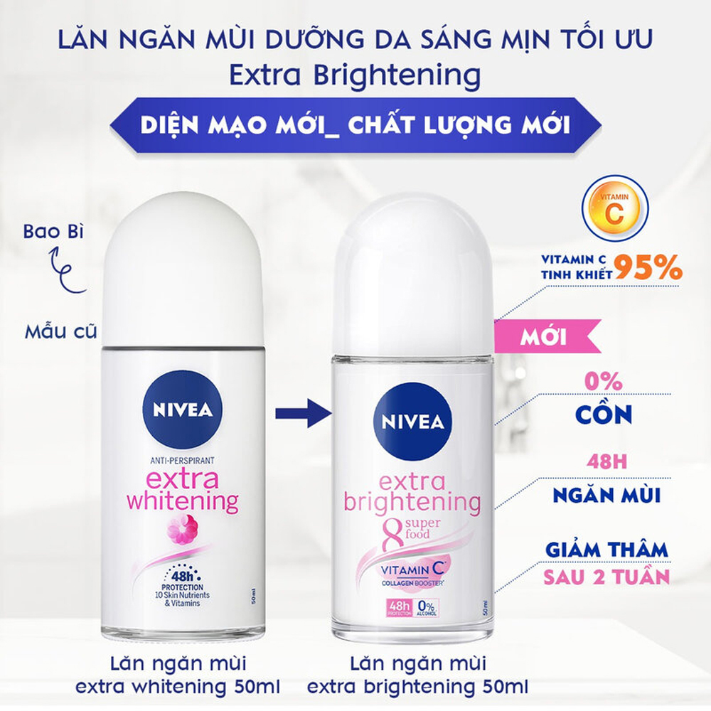 Lăn Khử Mùi NIVEA Extra Whitening Trắng Mịn Mờ Vết Thâm (chai 50ml)