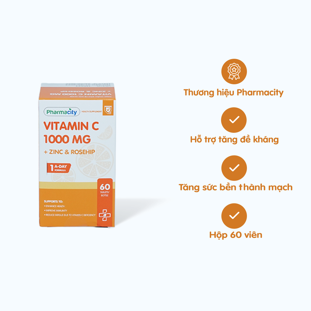 Viên uống Pharmacity Vitamin C 1000mg + Zinc & Rosehip hỗ trợ sức đề kháng (60 viên)