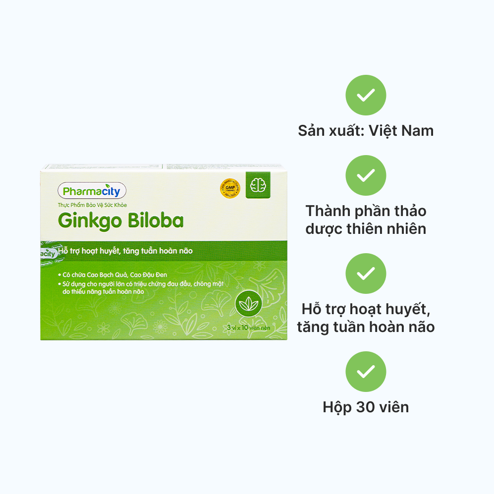 Viên uống Pharmacity Ginkgo Biloba hỗ trợ hoạt huyết, tăng tuần hoàn não (Hộp 30 viên)