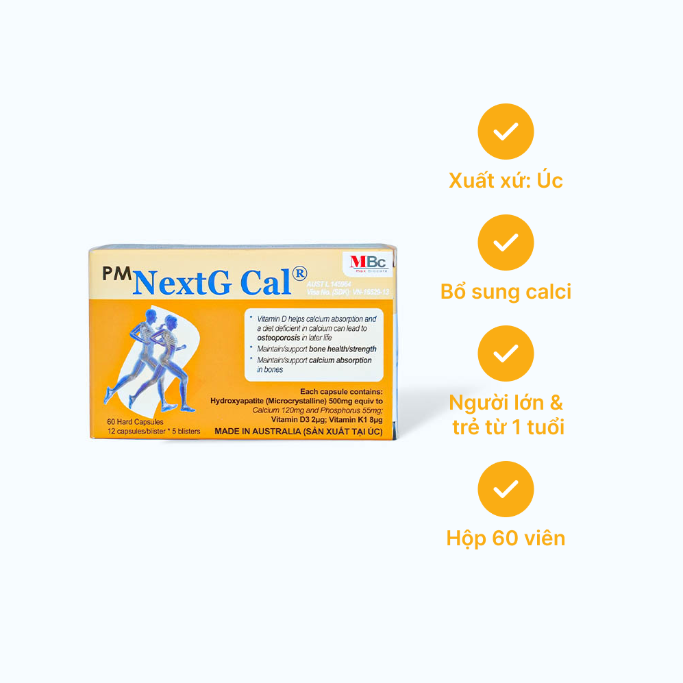 Viên nang Nextg Cal bổ sung calci, phối hợp trị loãng xương (5 vỉ x 12 viên)