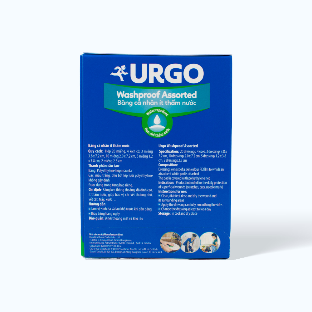 Băng cá nhân ít thấm nước URGO Washproof Assorted bảo vệ vết thương khỏi nước 4 size (Hộp 20 miếng)