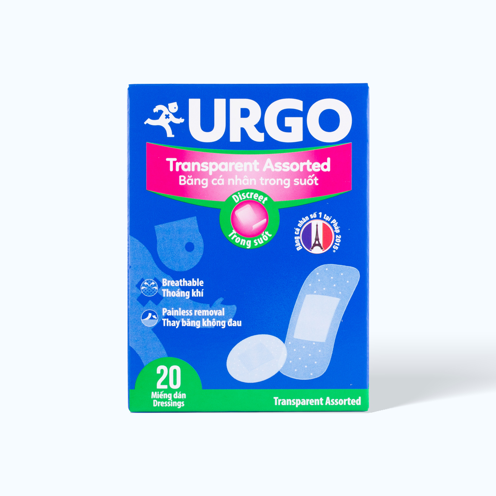 Băng cá nhân trong suốt URGO Transparent Assorted  bảo vệ vết thương nhỏ 4 size (Hộp 20 miếng)