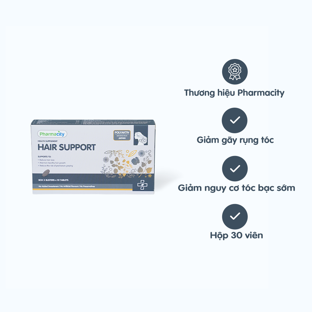 Viên uống Pharmacity Hair Support hỗ trợ ngăn ngừa rụng tóc, kích thích tóc mọc (3 vỉ x 10 viên)