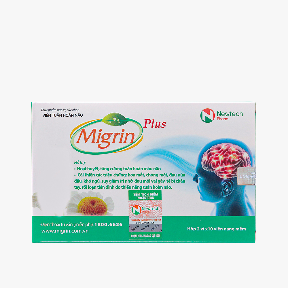 Viên uống Migrin Plus CVI Pharma hỗ trợ hoạt huyết, tăng cường tuần hoàn máu não (2 vỉ x 10 viên)