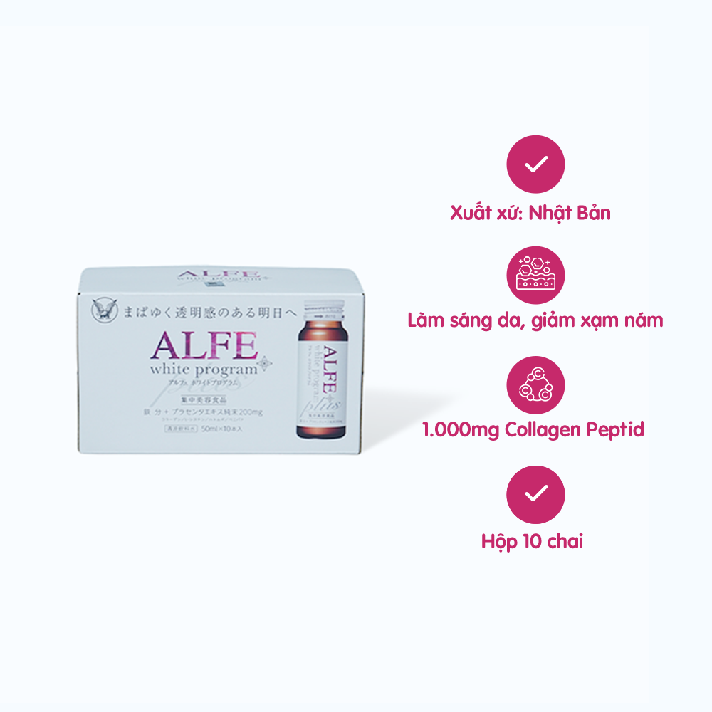 Nước uống bổ sung collagen Alfe White Program hỗ trợ giảm nám và sạm da (Hộp 10 chai x 50ml)