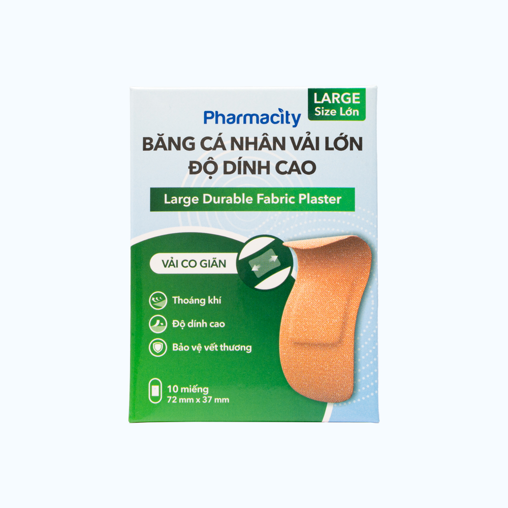 Băng cá nhân vải lớn Pharmacity độ dính cao 72x37mm (Hộp 10 Miếng)