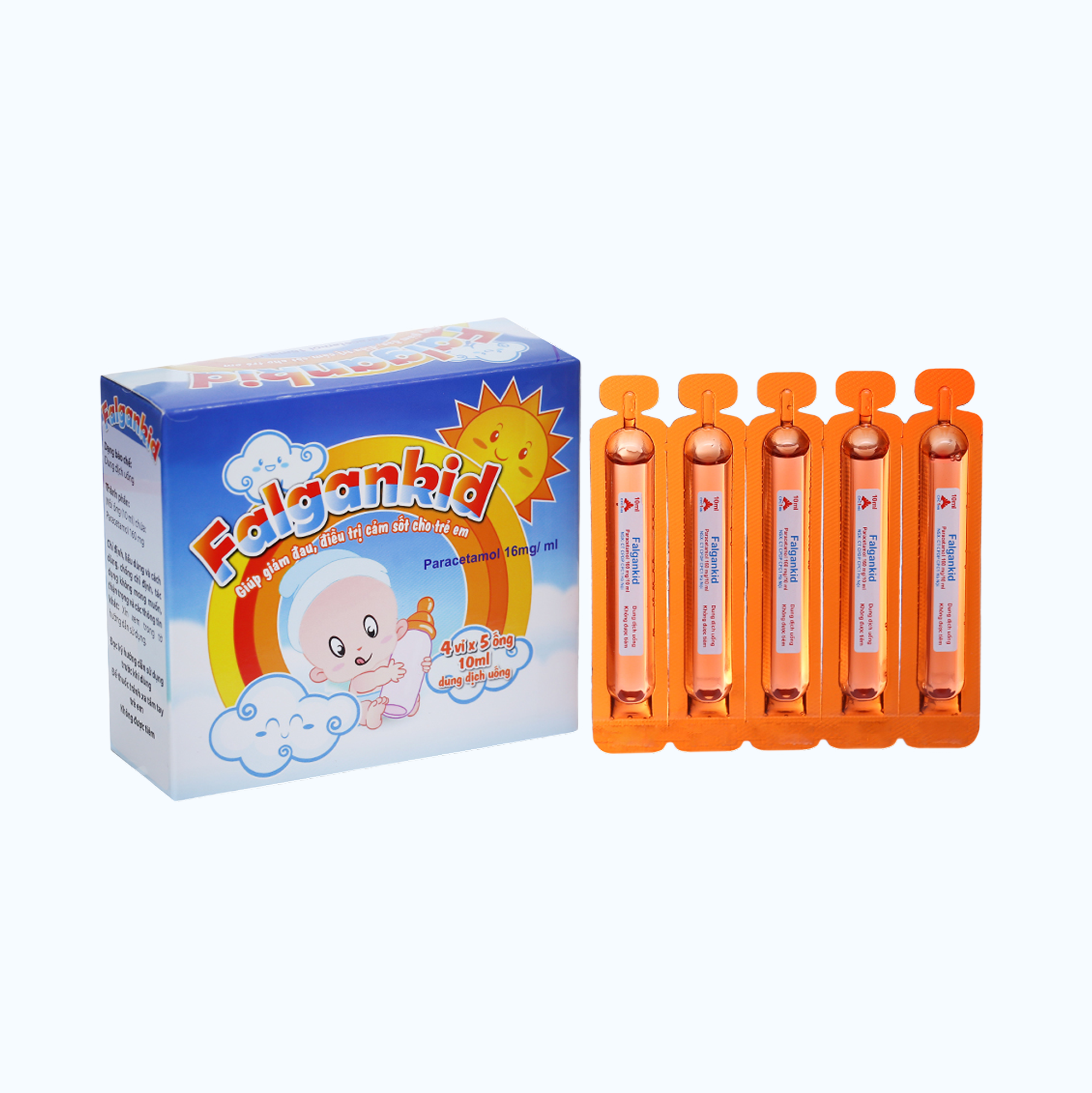 Falgankid 160mg/10ml điều trị hạ sốt, giảm đau nhẹ ở trẻ em (Hộp 20 ống)