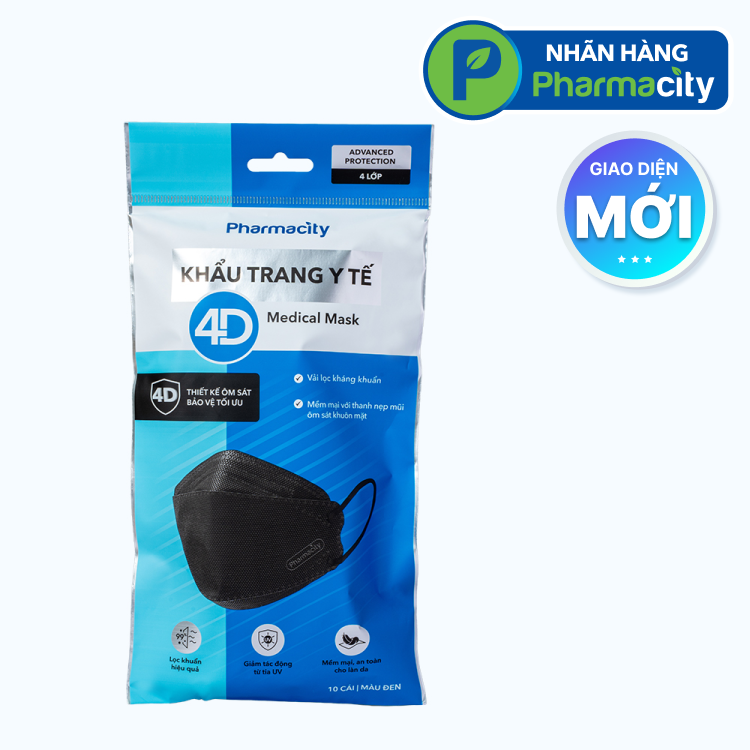 Khẩu trang y tế 4D Pharmacity màu đen - 4 lớp (Gói 10 cái)
