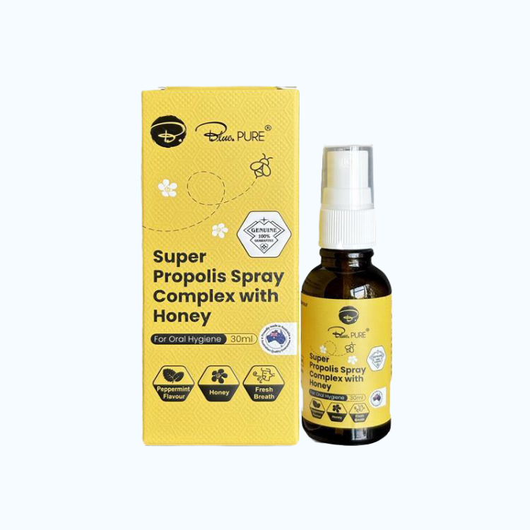 Xịt Bluepure Super Propolis Spray Complex with honey giảm đau rát cổ họng (30ml)