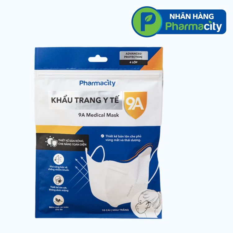 Khẩu trang Y Tế 9A Pharmacity 4 lớp Màu Trắng ngăn bụi bặm (Gói 10 cái)