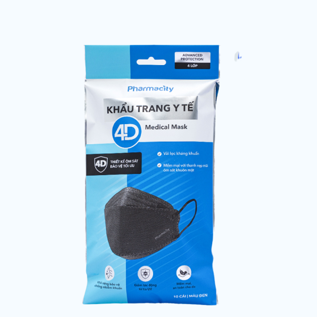 Khẩu trang y tế 4D Pharmacity (Gói 10 cái) màu đen - 4 lớp