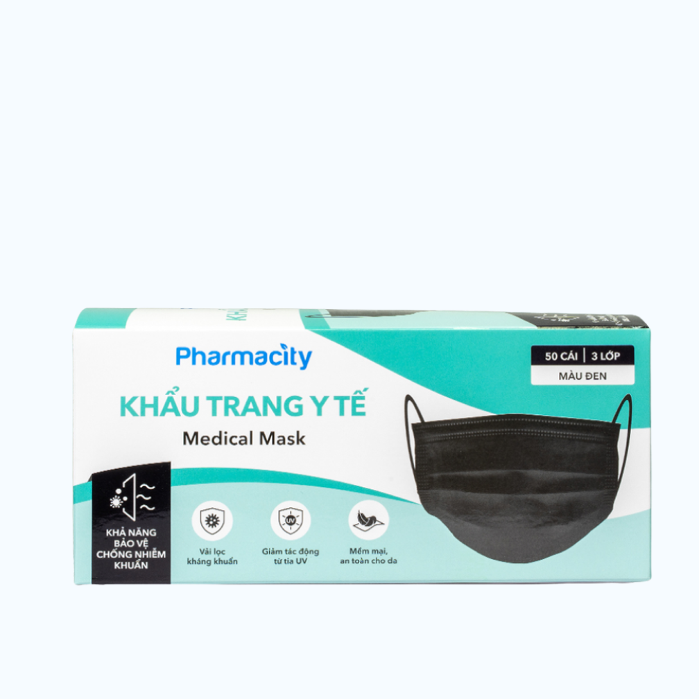 Khẩu trang y tế 3 lớp Pharmacity (Hộp 50 cái) màu đen