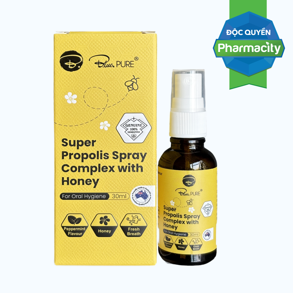 Xịt Bluepure Super Propolis Spray Complex with honey giảm đau rát cổ họng (30ml)