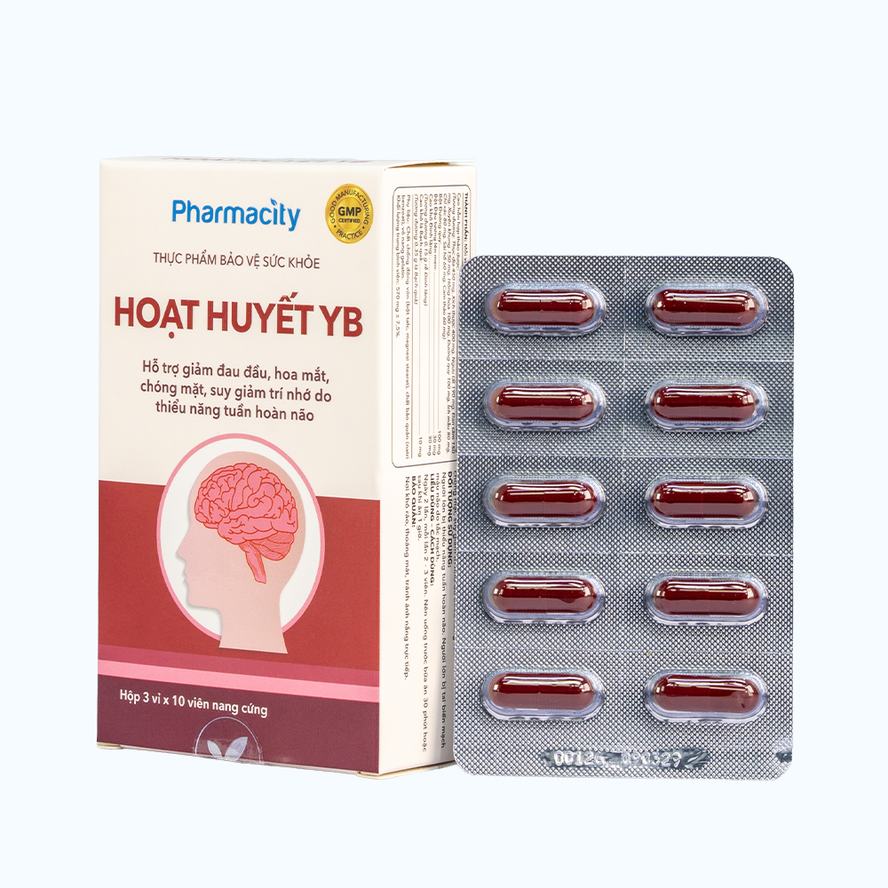 Viên uống Pharmacity Hoạt Huyết YB hỗ trợ giảm đau đầu do thiểu năng tuần hoàn não (Hộp 30 viên)