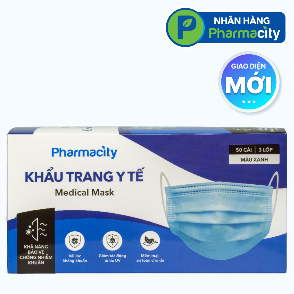 Khẩu trang y tế 3 lớp Pharmacity (Hộp 50 cái) màu xanh