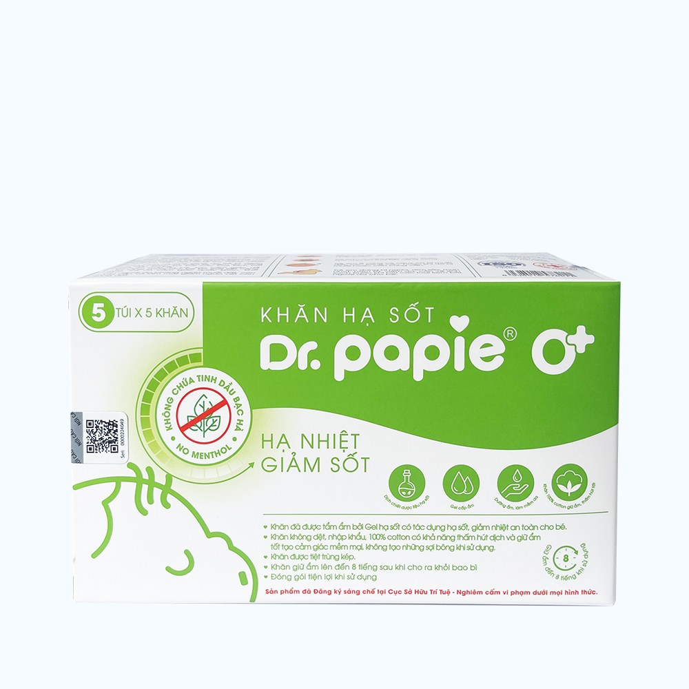 Khăn lau hạ sốt Dr Papie 0+ an toàn cho trẻ sơ sinh (Hộp 5 túi x 5 khăn)