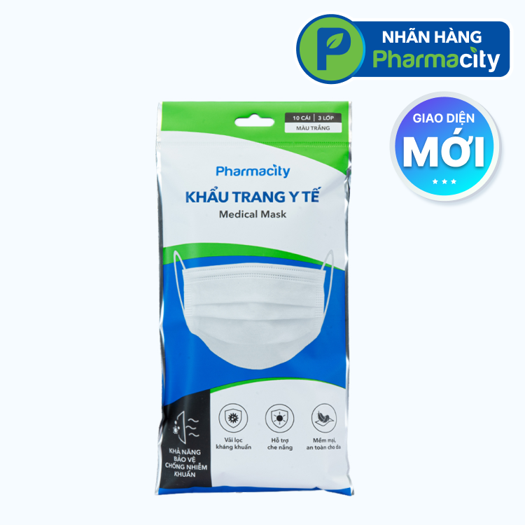 Khẩu trang y tế 3 lớp Pharmacity (Gói 10 cái) màu trắng