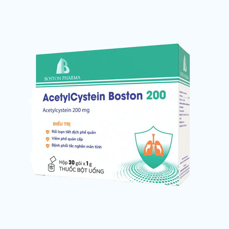 Thuốc bột uống Acetylcystein Boston 200mg điều trị rối loạn tiết dịch phế quản (đờm) (30 gói x 1g)