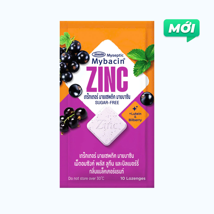 Kẹo ngậm bổ sung kẽm không đường hương dâu Mybacin ZinC Plus (9.4g)
