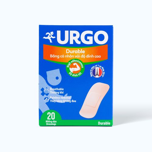 Băng cá nhân vải độ dính cao URGO Durable bảo vệ vết thương nhỏ 2cm x 6cm (Hộp 20 miếng)