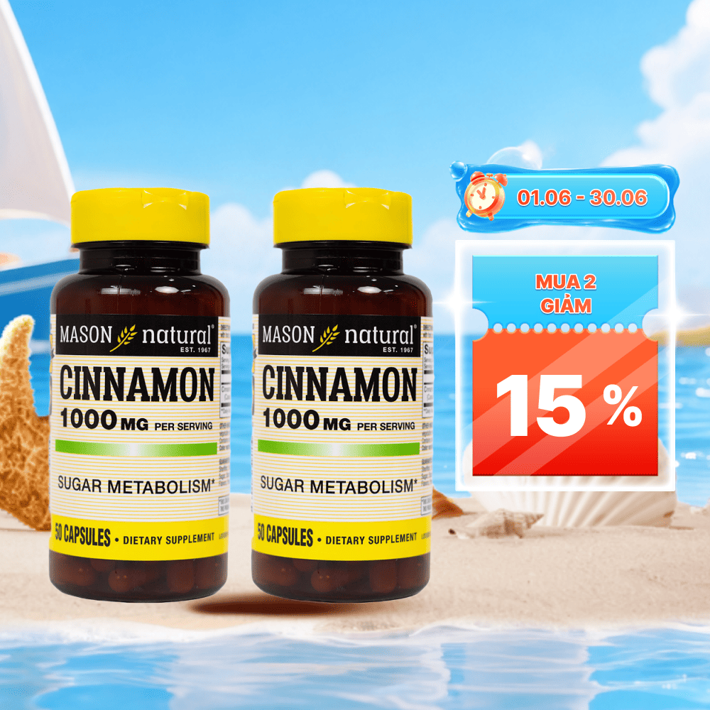 Combo 2 Viên uống tiểu đường Mason Natural Cinnamon 1000mg - Hỗ trợ chuyển hóa đường, giúp kiểm soát chỉ số đường huyết (Hộp 50 viên)