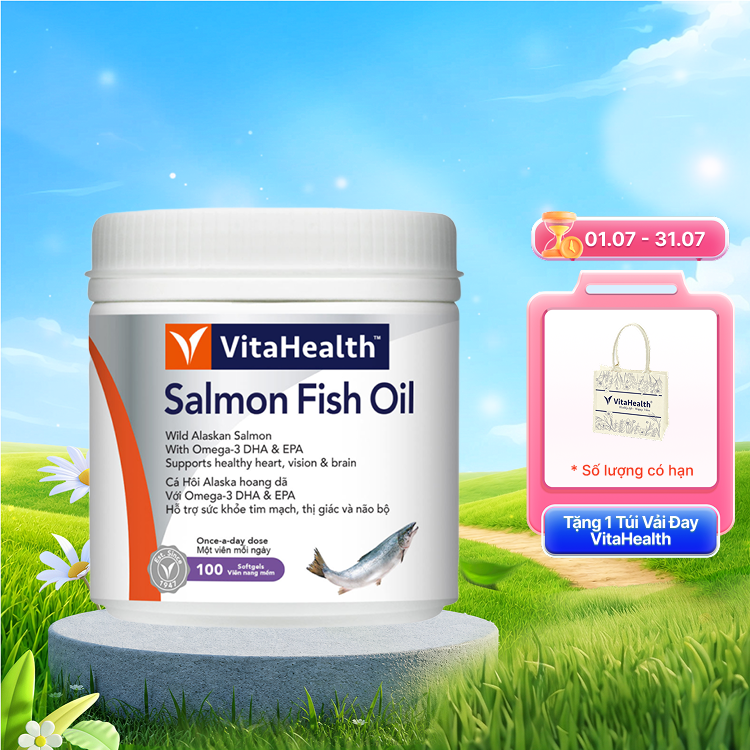 Thực phẩm bảo vệ sức khoẻ VitaHealth Salmon Fish Oil hỗ trợ giảm nguy cơ xơ vữa động mạch (Hộp 100 viên)