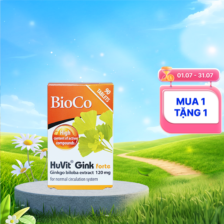 Thực phẩm bảo vệ sức khỏe Bioco Huvit Gink Forte Hỗ trợ tăng cường tuần hoàn máu não (Hộp 90 viên)