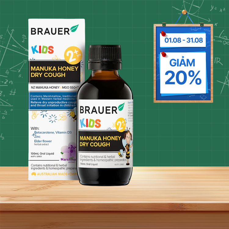 Siro BRAUER Kids Manuka Honey Dry Cough (chai 100ml) giúp giảm ho, đau họng