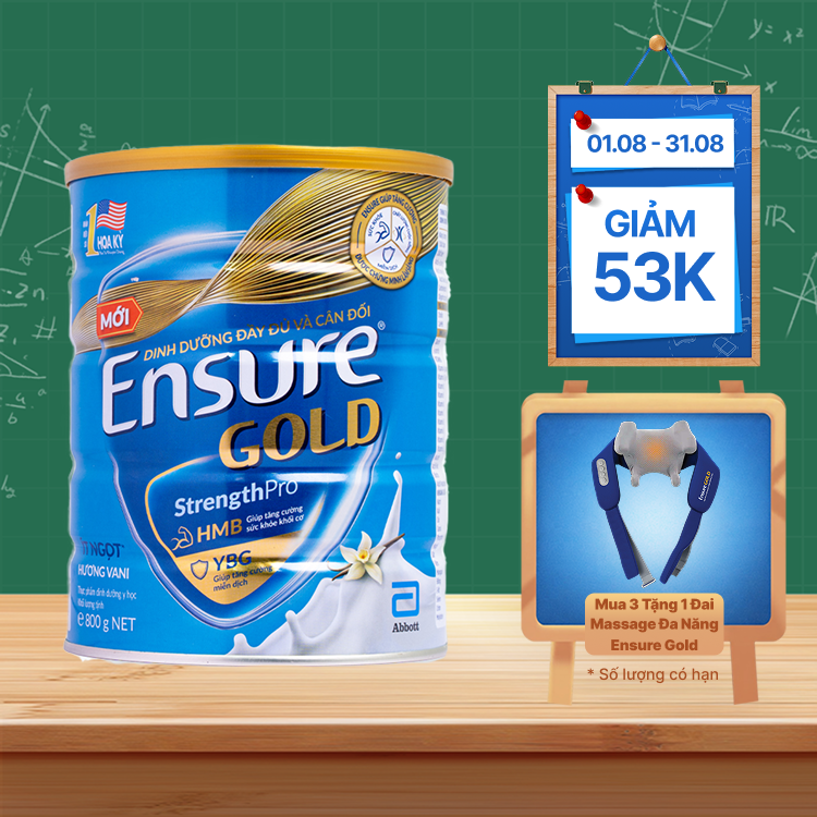 Sữa bột dinh dưỡng ENSURE GOLD tăng cường sức khỏe và hệ miễn dịch hương vani ít ngọt (800g)