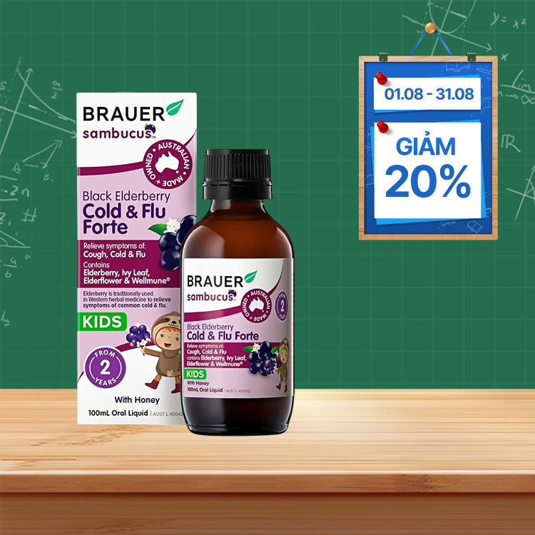 Siro Brauer Black Elderberry Cold & Flu Forte (Chai 100ml) hỗ trợ giảm cảm cúm