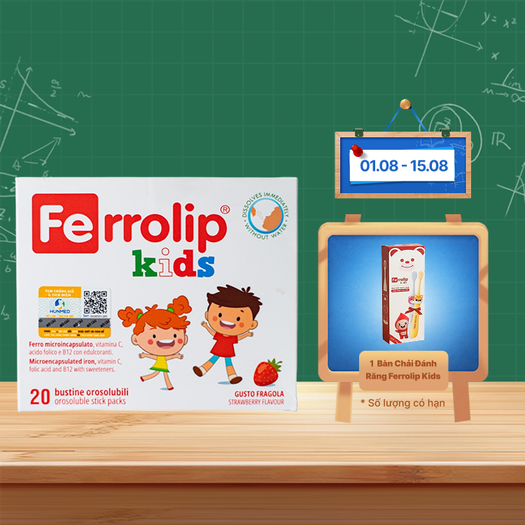 Bột uống Ferrolip Kids bổ sung sắt vị dâu (Hộp 20 gói)