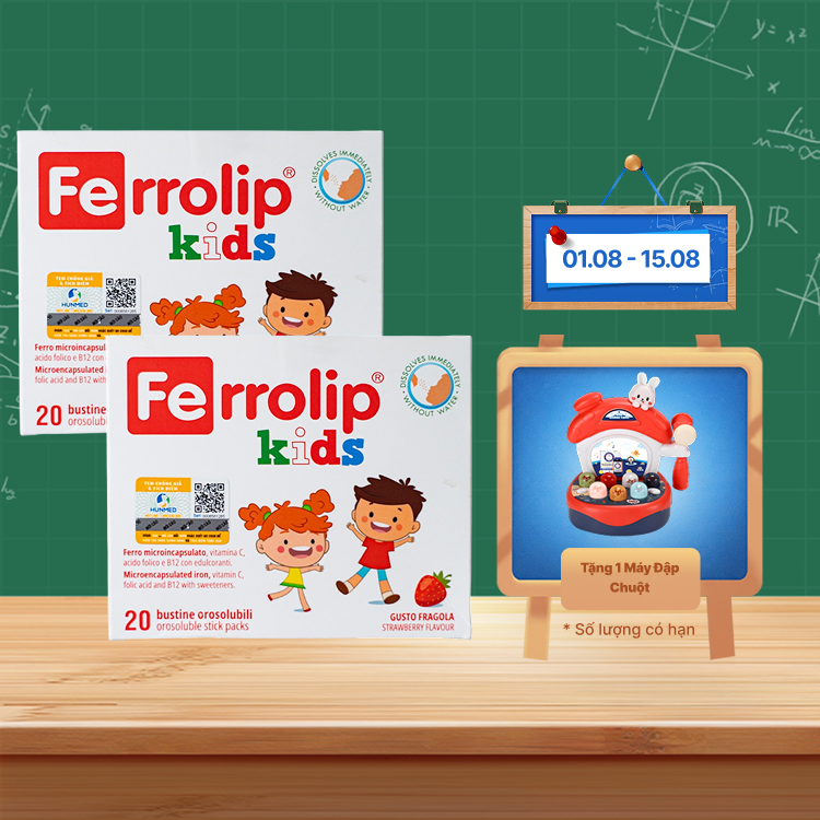 Combo 2 Hộp Bột uống Ferrolip Kids bổ sung sắt vị dâu (Hộp 20 gói)