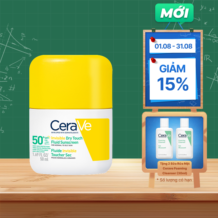 Sữa chống nắng Cerave Invisible Dry Touch Fluid SPF 50+ và PA++++ giúp bảo vệ da khỏi tia UVB, UVA, và UVA dài 50ML
