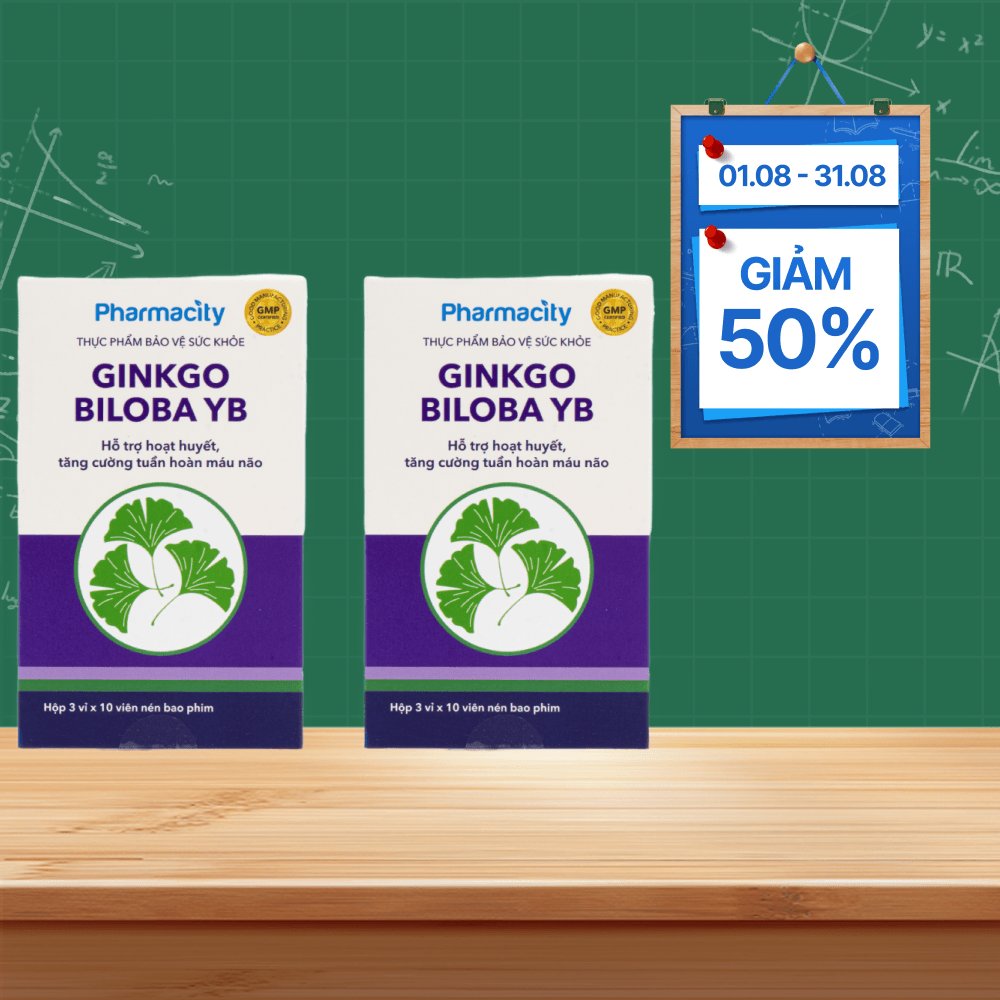 Combo 2 hộp Viên uống Pharmacity Ginkgo Biloba YB hỗ trợ hoạt huyết, tăng cường tuần hoàn máu não (Hộp 30 viên)