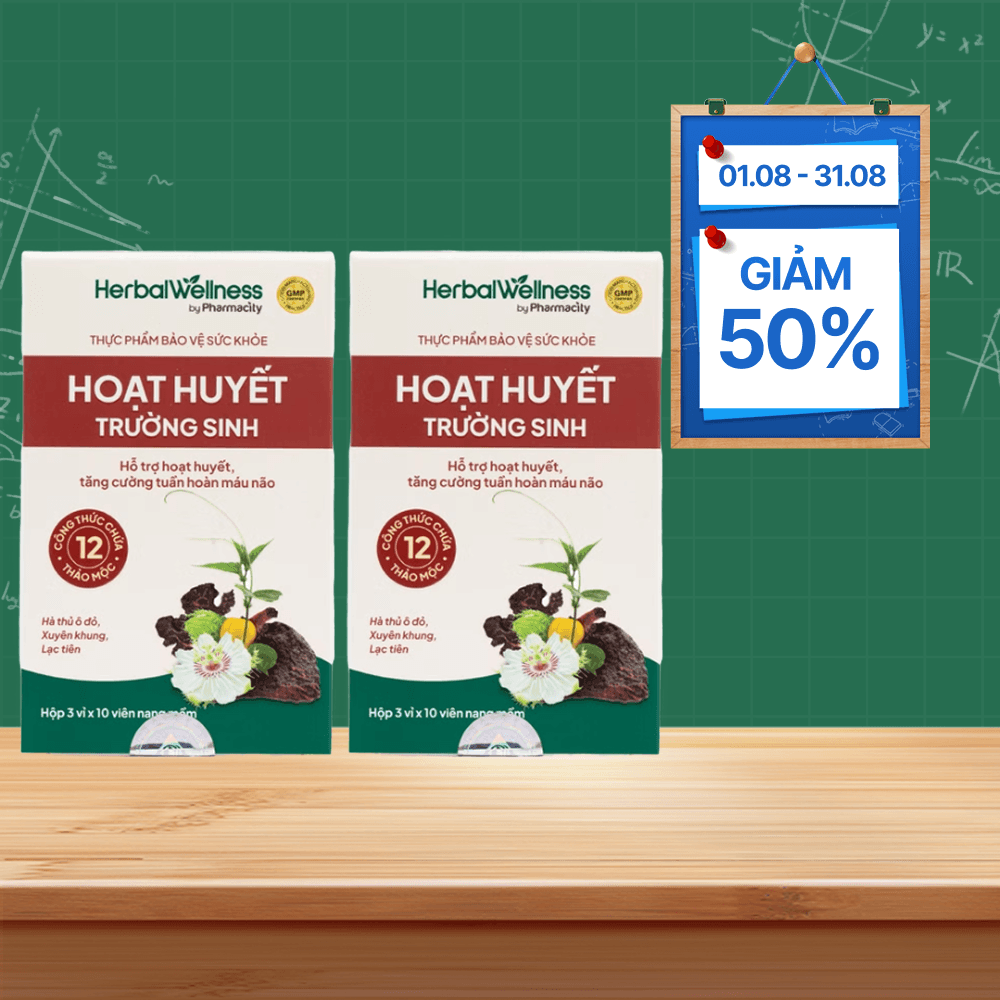 Combo 2 hộp Viên uống Herbal Wellness Hoạt Huyết Trường Sinh hỗ trợ hoạt huyết, tuần hoàn máu não (Hộp 30 viên)
