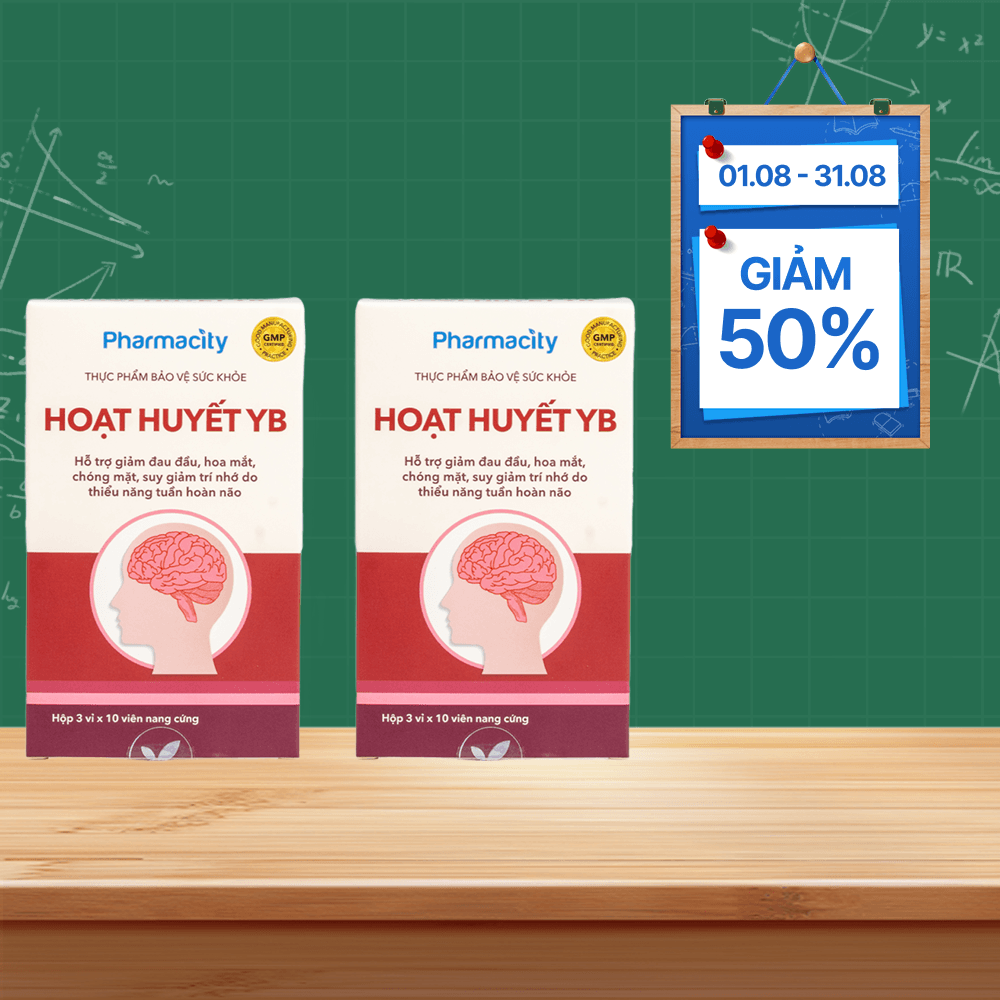 Combo 2 hộp Viên uống Pharmacity Hoạt Huyết YB hỗ trợ giảm đau đầu do thiểu năng tuần hoàn não (Hộp 30 viên)