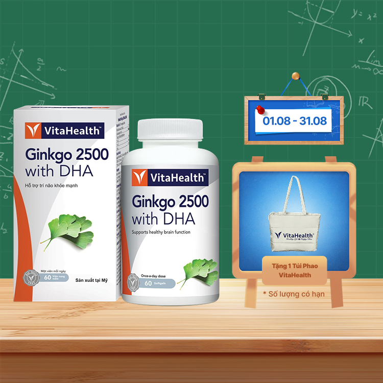 Thực phẩm bảo vệ sức khoẻ VitaHealth Ginkgo 2500 with DHA hỗ trợ tăng cường lưu thông máu não (Hộp 60 viên)