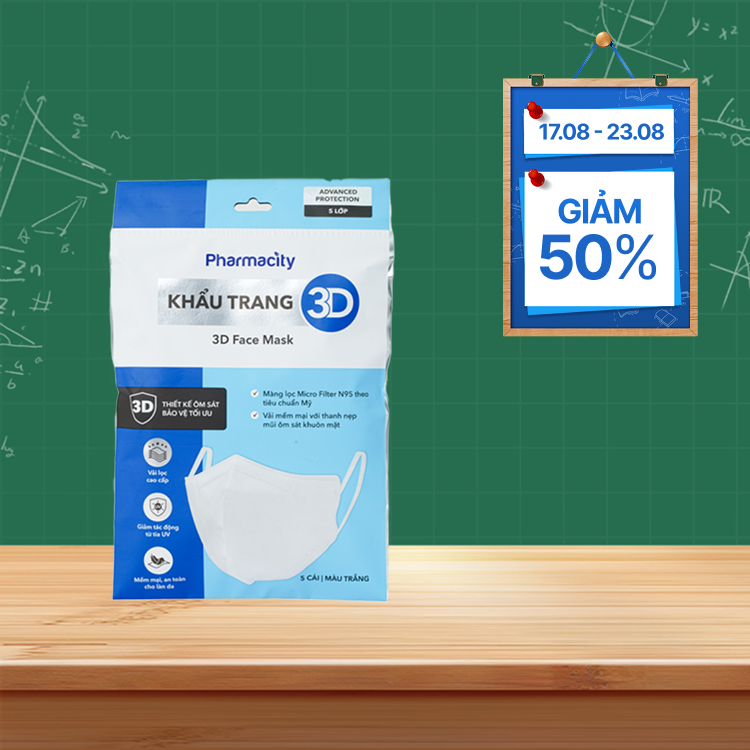 Khẩu trang 3D Pharmacity (Gói 5 cái) màu trắng - 5 lớp