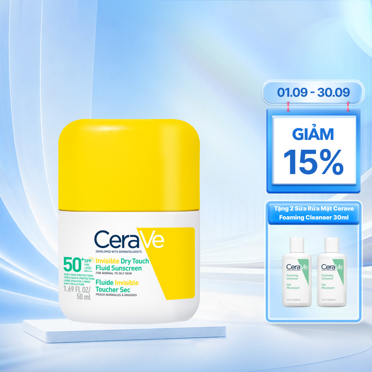 Sữa chống nắng Cerave Invisible Dry Touch Fluid SPF 50+ và PA++++ giúp bảo vệ da khỏi tia UVB, UVA, và UVA dài 50ML