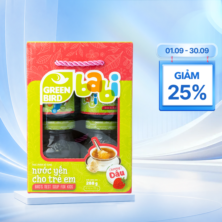 Nước yến bổ dưỡng GREENBIRD giúp tăng cường đề kháng cho trẻ em hương dâu (Lốc 4 hủ x 72g)