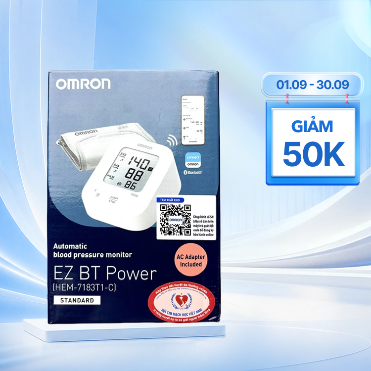 Máy đo huyết áp bắp tay Omron HEM-7183T1 EZ BT Power Kết Nối Bluetooth (Hộp 1 Cái)