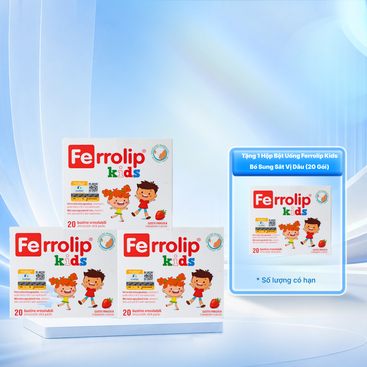 Combo 3 hộp bột uống Ferrolip Kids bổ sung sắt vị dâu (Hộp 20 gói)