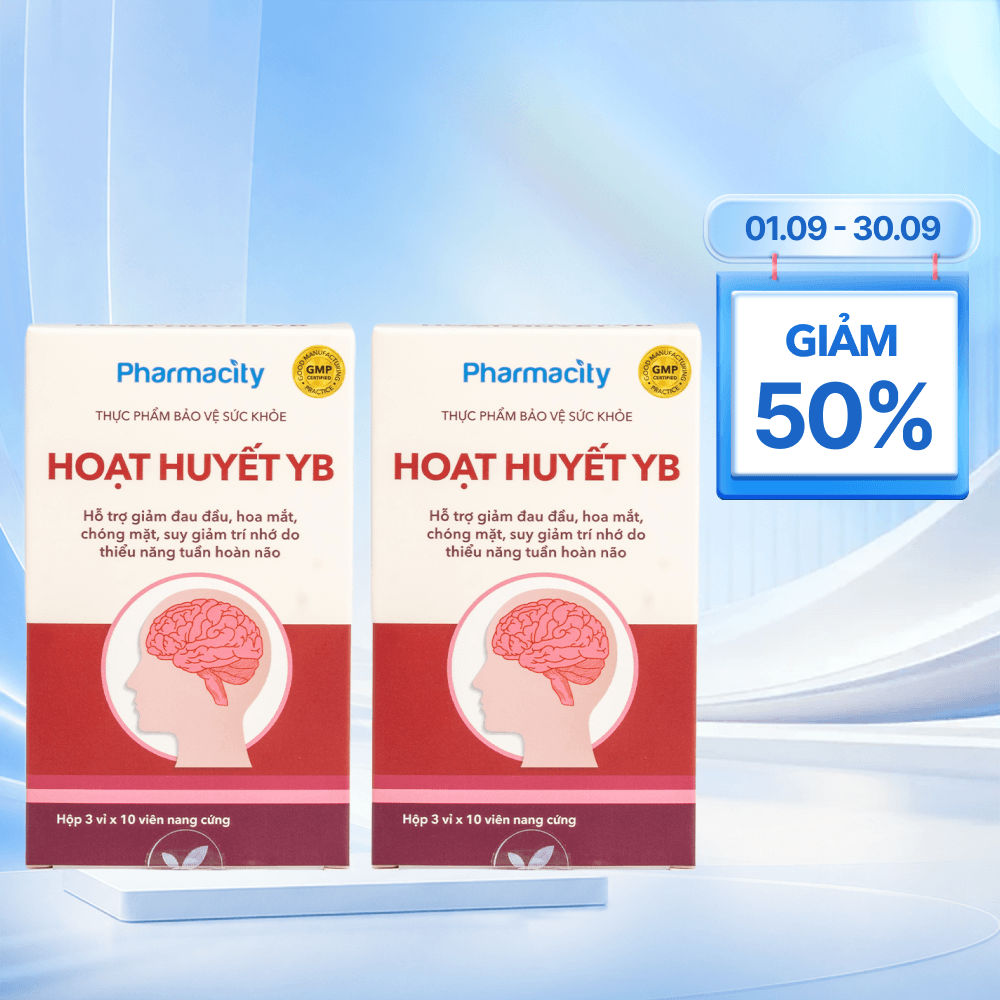 Combo 2 hộp Viên uống Pharmacity Hoạt Huyết YB hỗ trợ giảm đau đầu do thiểu năng tuần hoàn não (Hộp 30 viên)