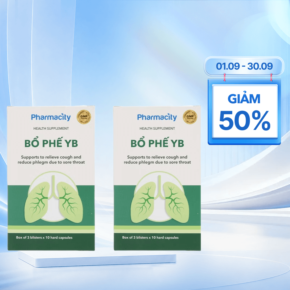 Combo 2 hộp Viên uống Pharmacity Bổ Phế YB hỗ trợ giảm ho, giảm đờm do viêm họng (Hộp 30 viên nang cứng)