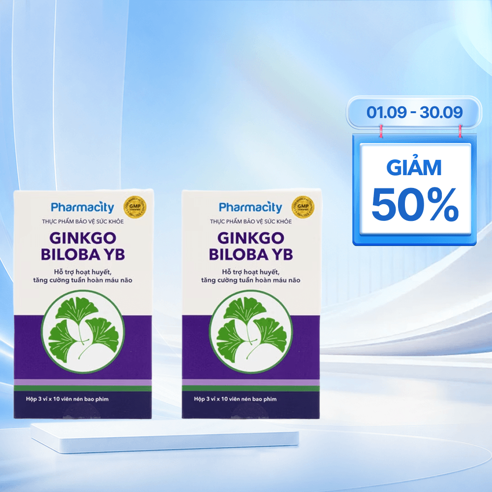 Combo 2 hộp Viên uống Pharmacity Ginkgo Biloba YB hỗ trợ hoạt huyết, tăng cường tuần hoàn máu não (Hộp 30 viên)