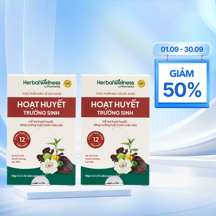 Combo 2 hộp Viên uống Herbal Wellness Hoạt Huyết Trường Sinh hỗ trợ hoạt huyết, tuần hoàn máu não (Hộp 30 viên)