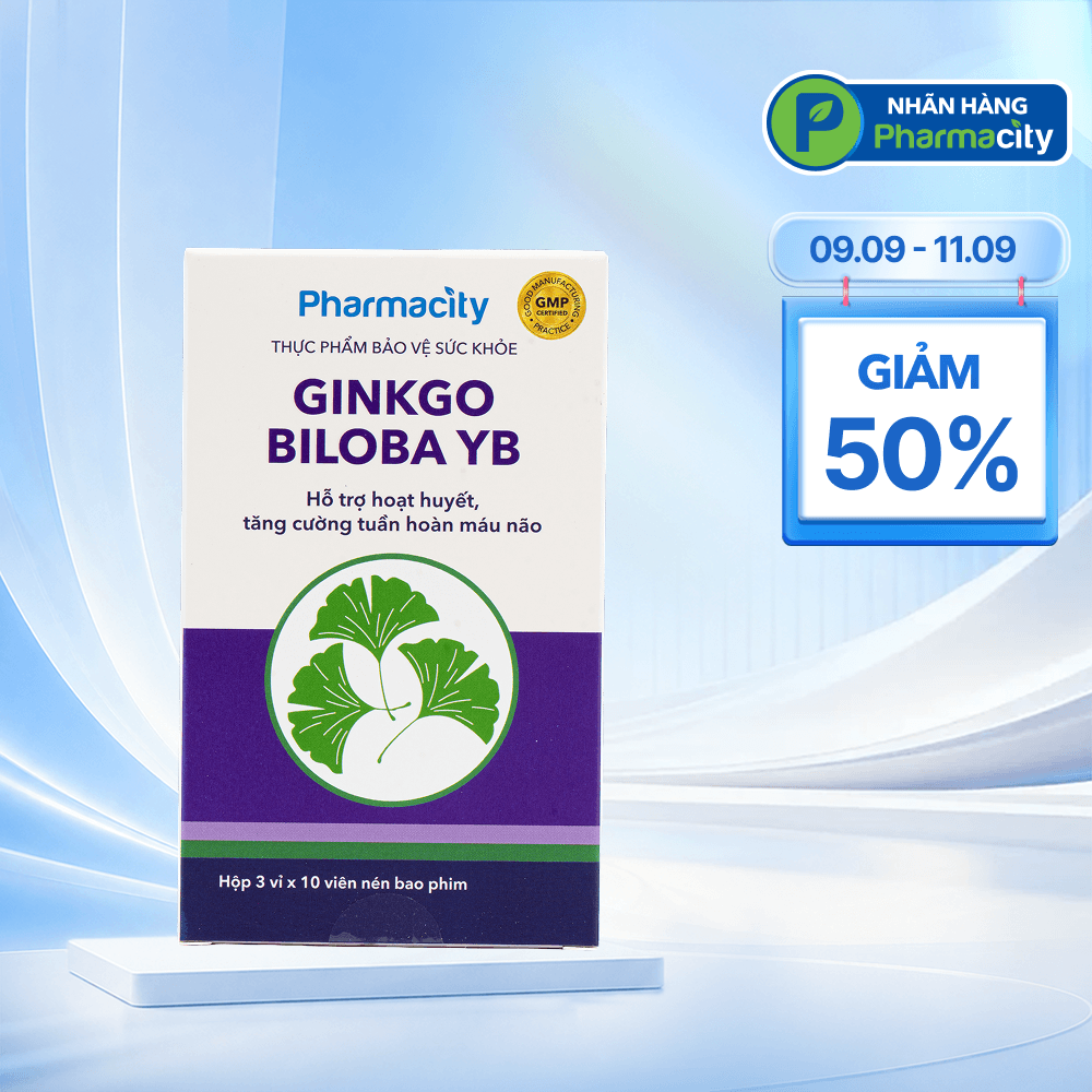 Viên uống Pharmacity Ginkgo Biloba YB hỗ trợ hoạt huyết, tăng cường tuần hoàn máu não (Hộp 30 viên)