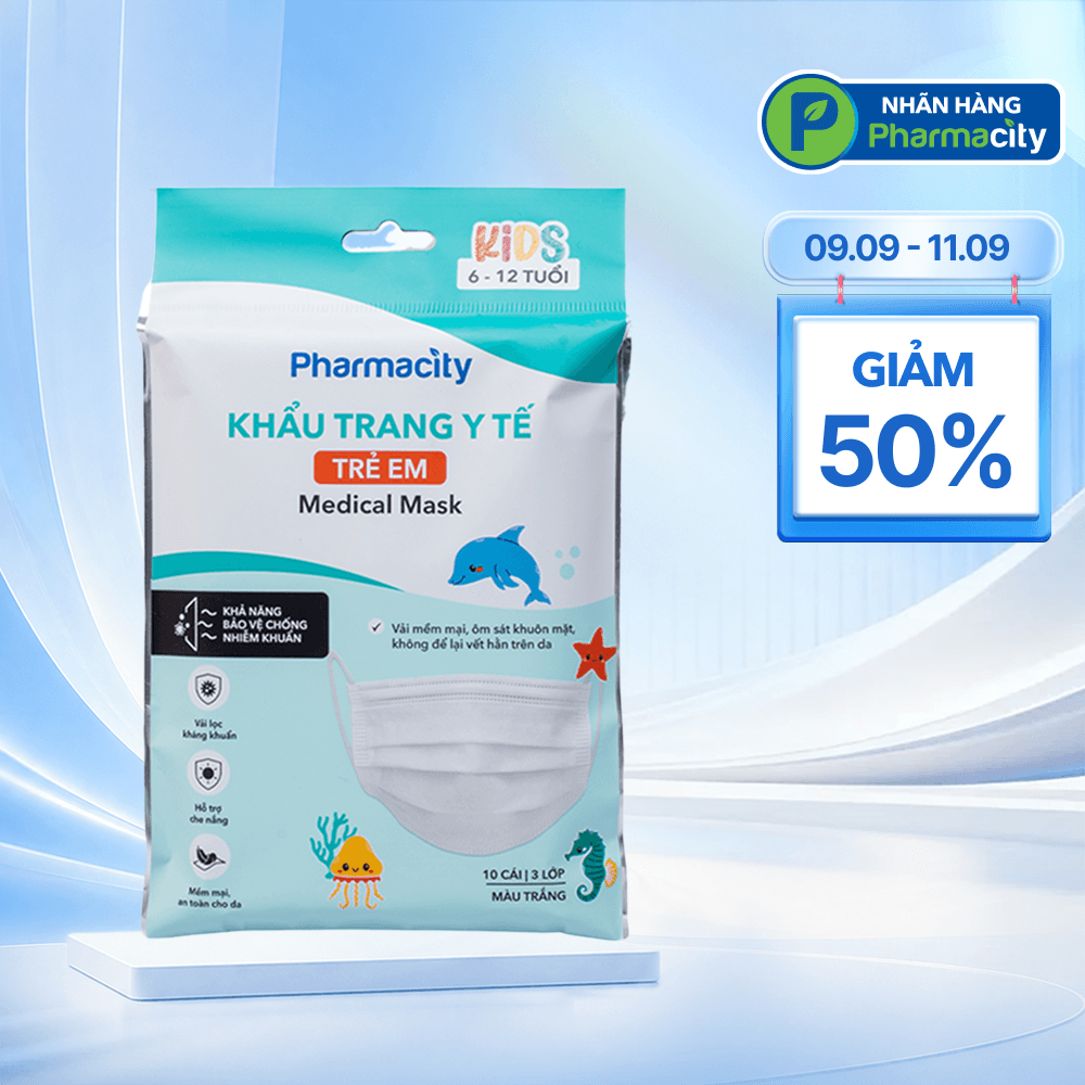 Khẩu trang y tế 3 lớp trẻ em 6-12 tuổi Pharmacity (Gói 10 cái) màu trắng