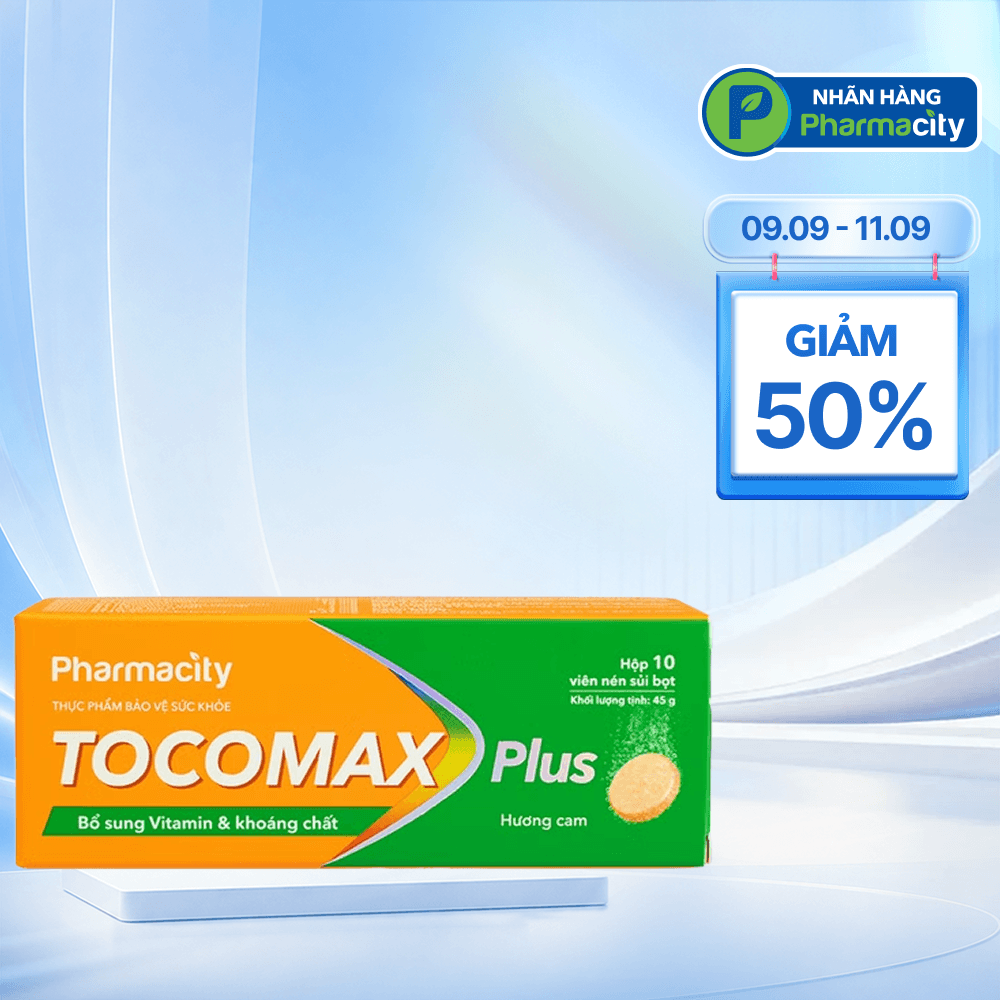 Viên sủi Pharmacity Tocomax Plus hỗ trợ tăng cường sức đề kháng (Hộp 10 viên nén sủi bọt)